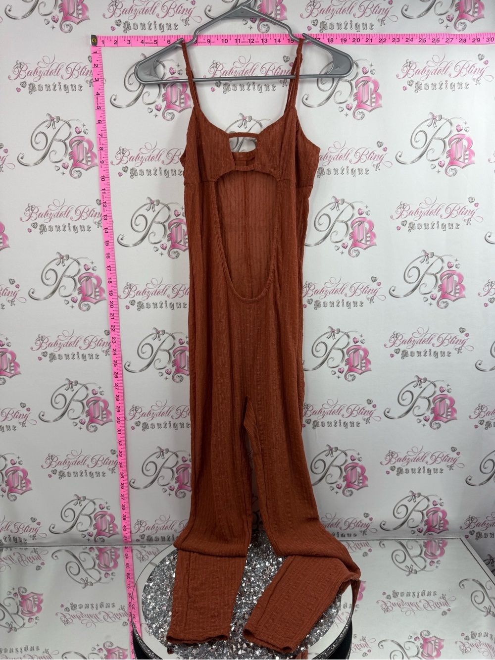 Jumpsuit one piece pants stretchy Rust Brown Ribbed Jumpsuit with Bow Detail